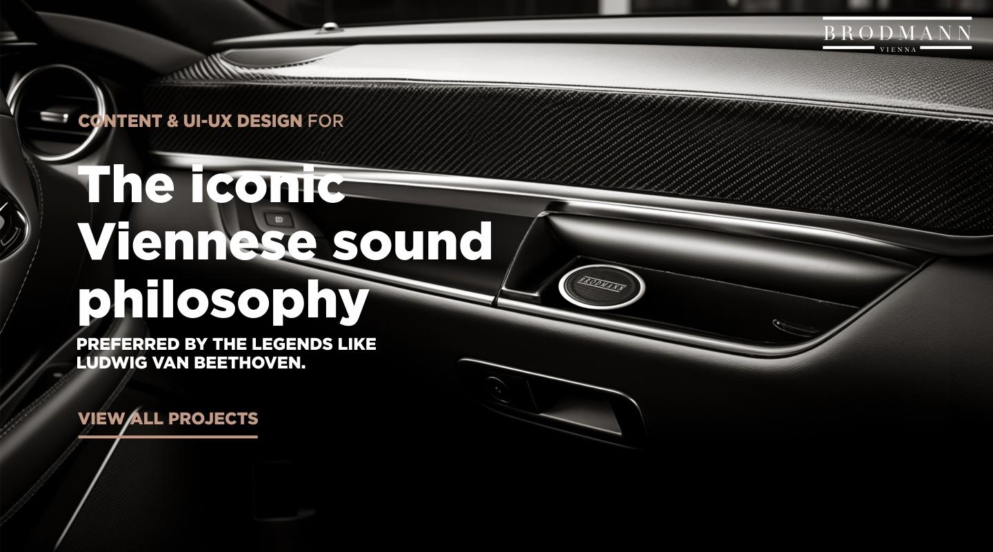 Jumpinggoose website, content and UI-UX design visual featuring Brodmann’s signature Viennese sound philosophy in a luxury car interior.