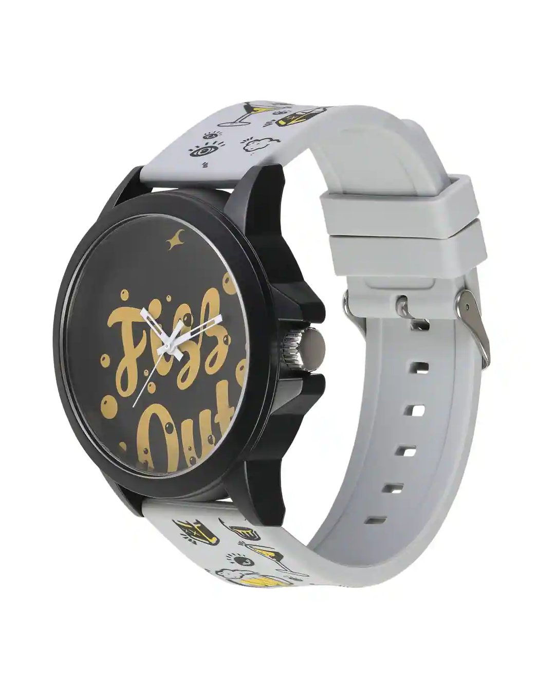 JUMPINGGOOSE collection design for Fastrack showcasing a playful graphic watch with bold dial typography and an illustrated strap.