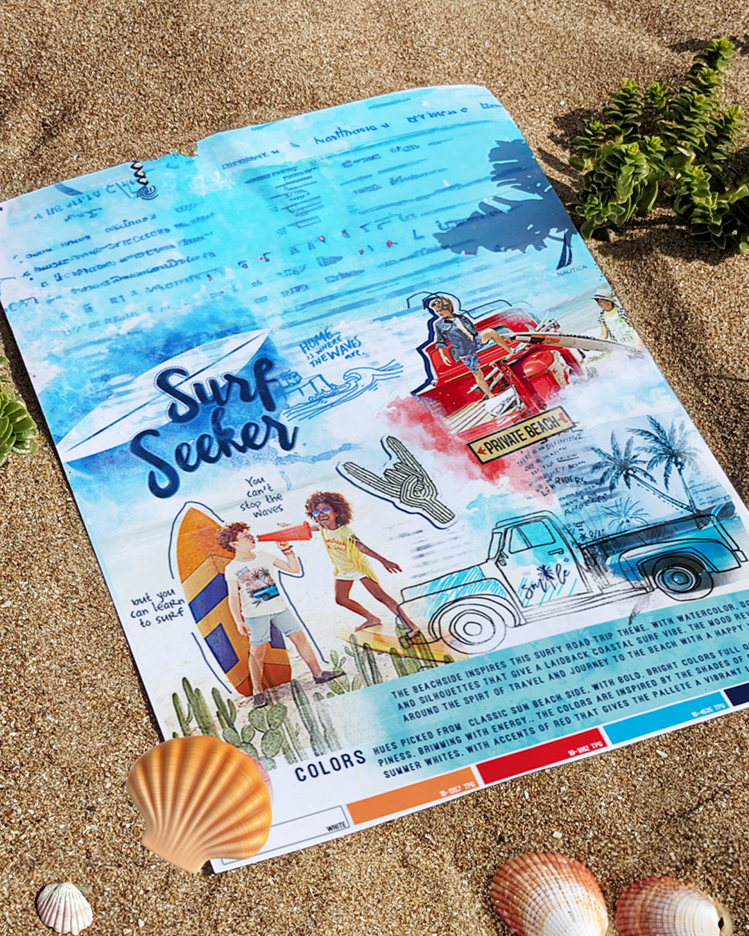 Surf Seeker trend forecasting concept by JUMPINGGOOSE showcasing coastal storytelling, colour palettes, and lifestyle fashion themes.