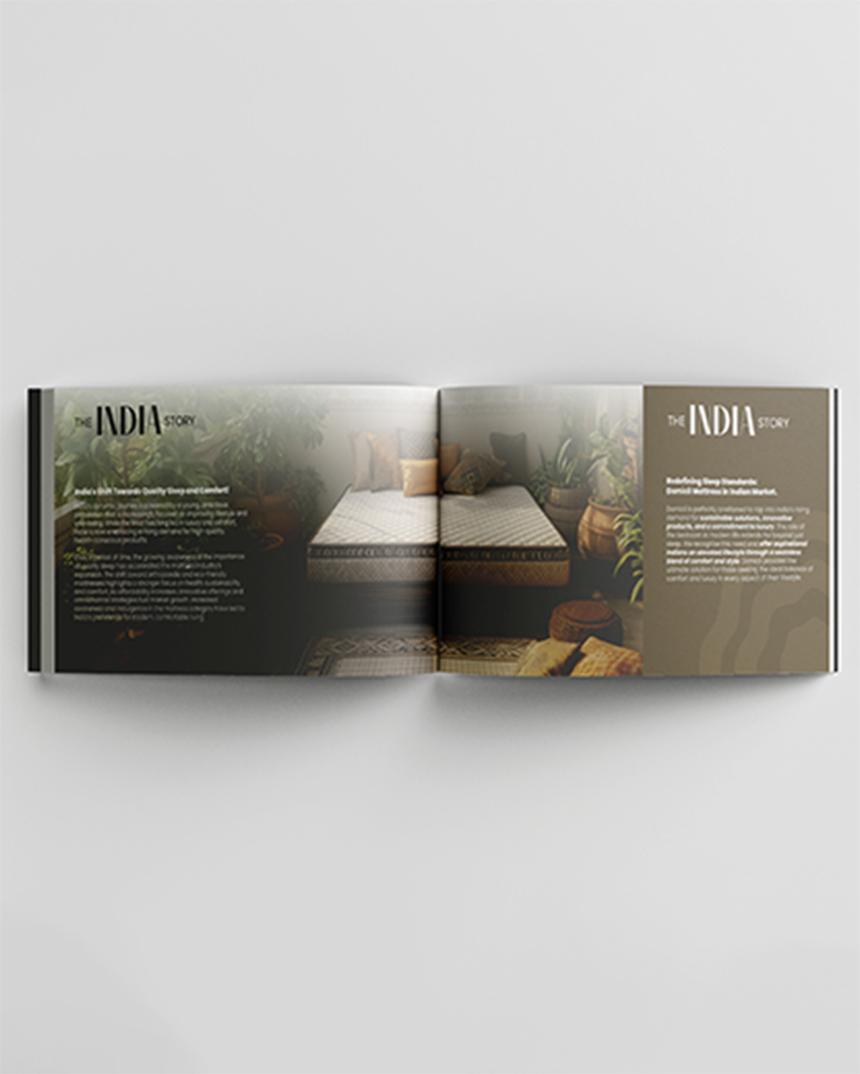Domicil Sleep India brand positioning book showing localized mattress communication strategy