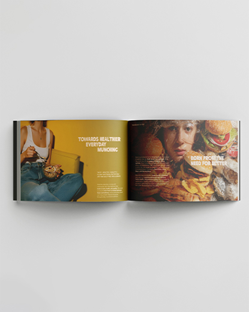 Munchilicious brand communication storybook showing healthy snacking visuals and product narrative