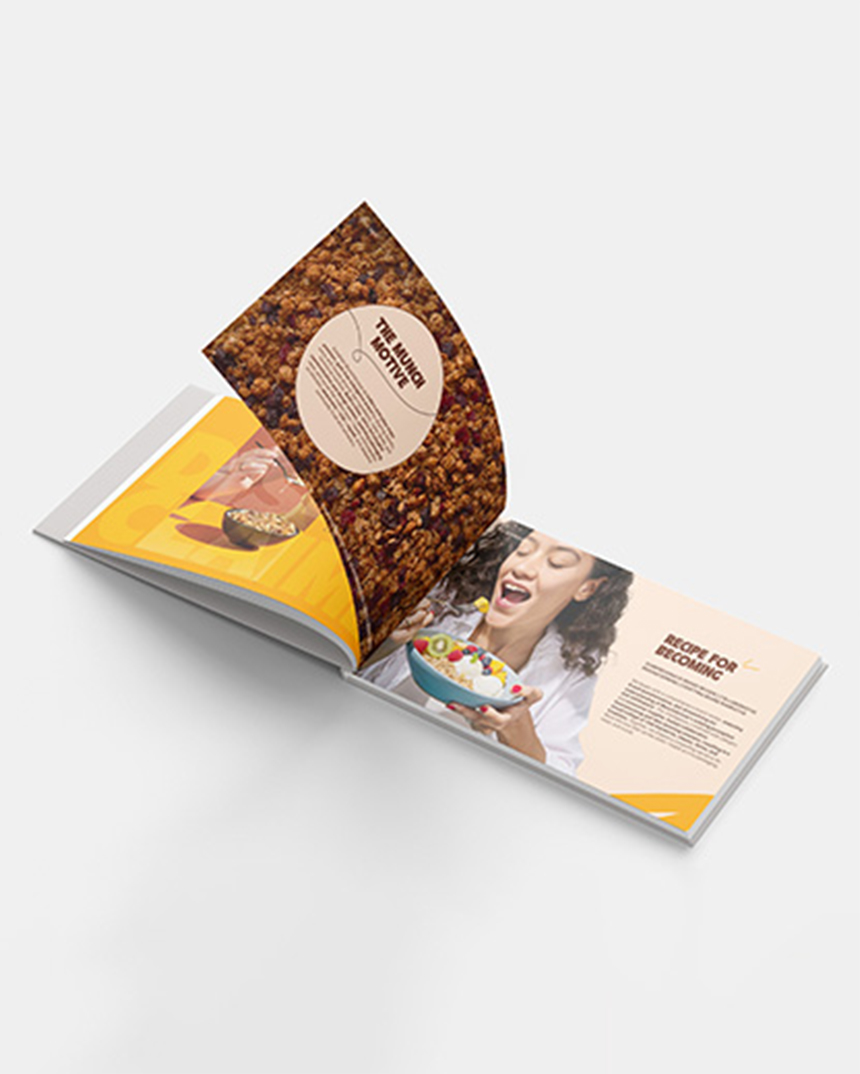 Munchilicious healthy snacking brand story book showing everyday munching and guilt-free snacks