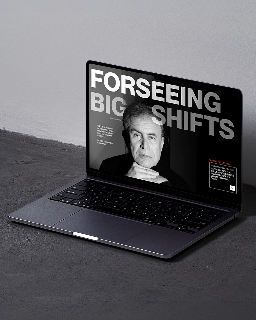 Nouriel Roubini personal brand website UI design shown on laptop with bold homepage typography