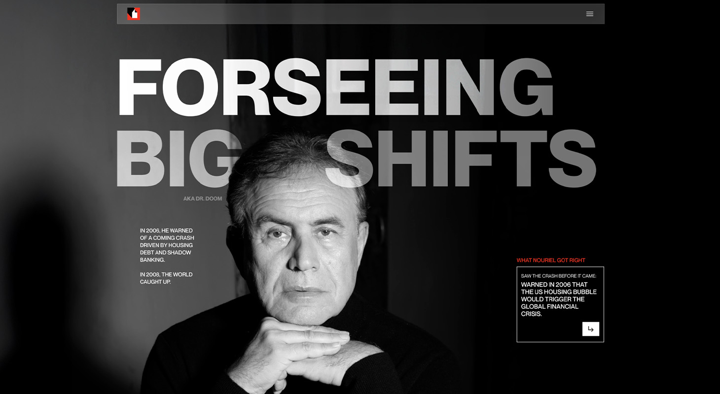 Nouriel Roubini personal brand website design with bold typography and thought leadership interface.