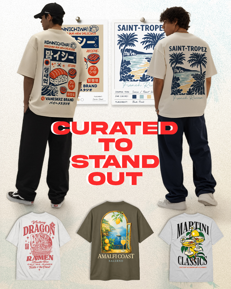 SHEIN curated graphic T-shirt designs showing production-ready artwork for menswear fashion collection
